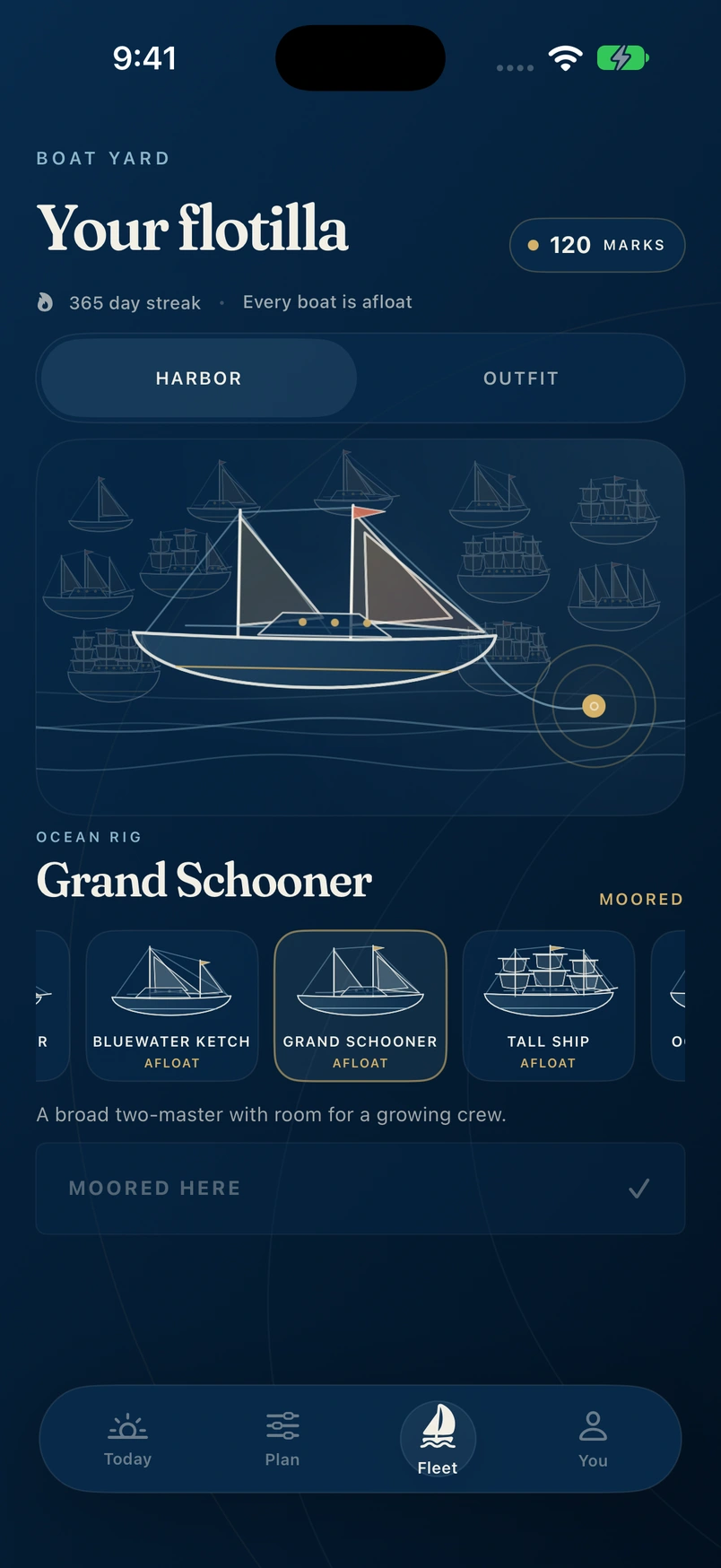 Moored’s Fleet screen with the Grand Schooner, an illustrative full flotilla, and permanent boats earned through practice