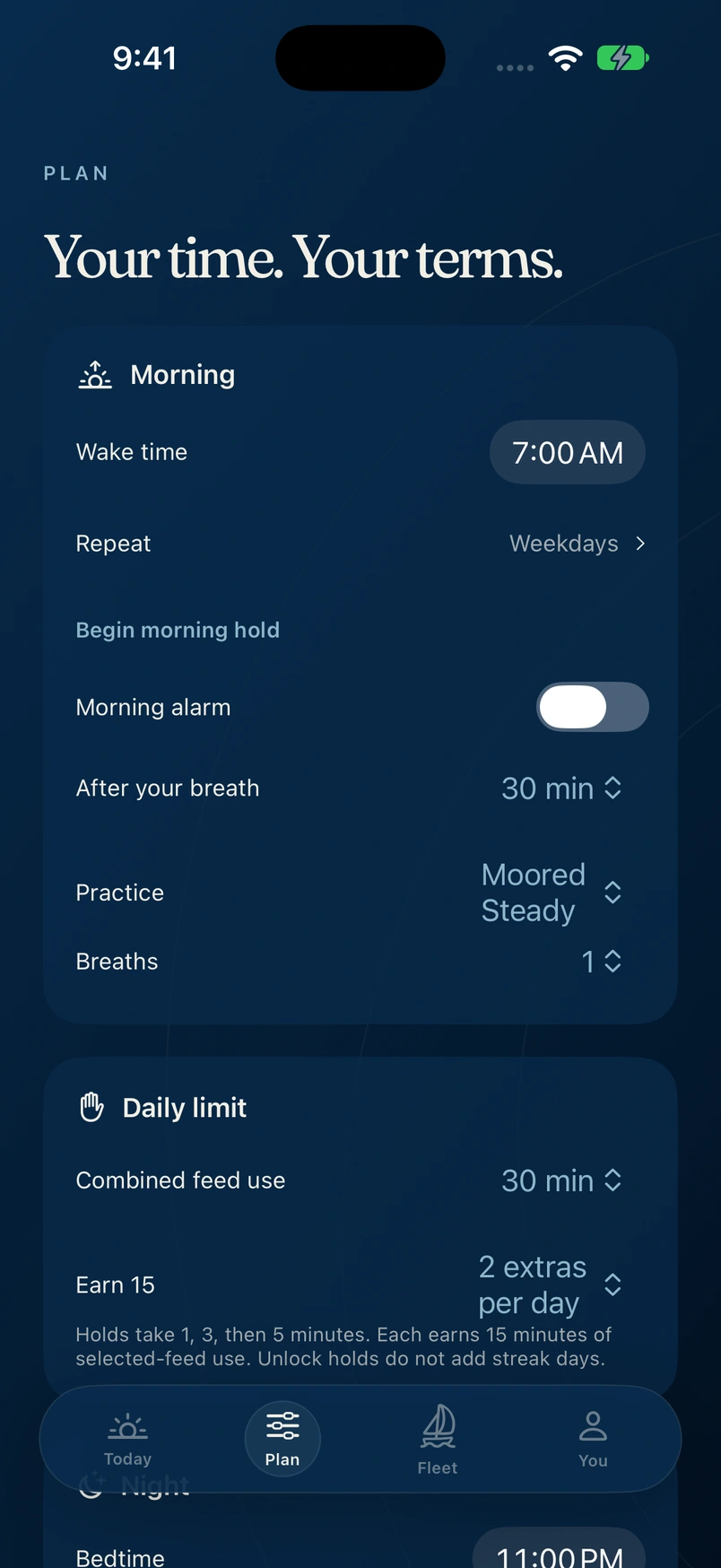 The Moored Plan screen showing a 7:00 AM wake time, weekday schedule, and 30-minute morning buffer