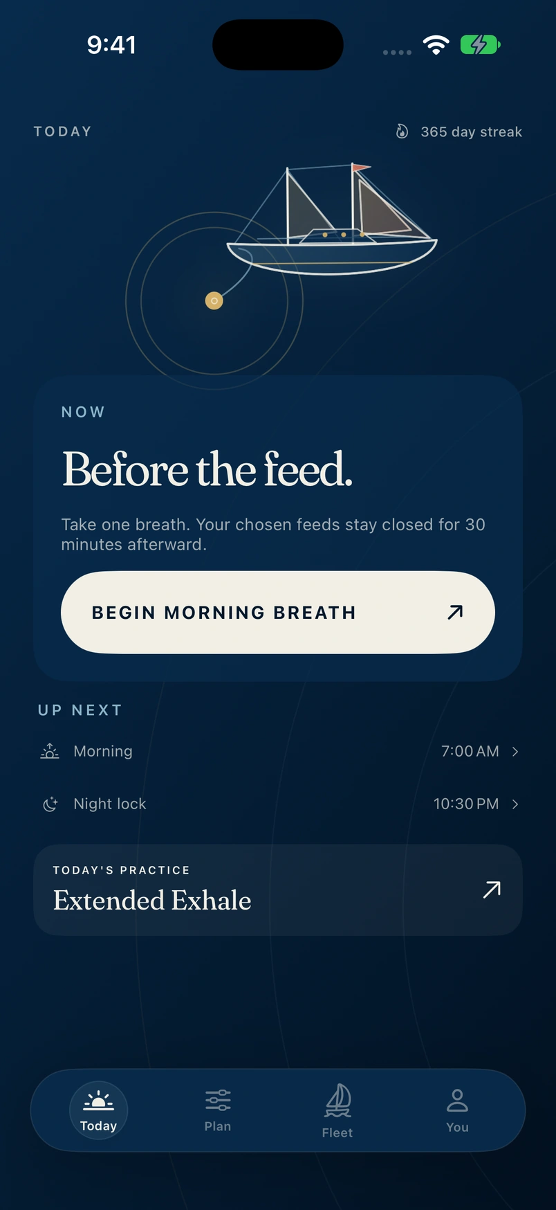 The real Moored Today screen showing Before the feed, Begin Morning Breath, and a 30-minute morning buffer